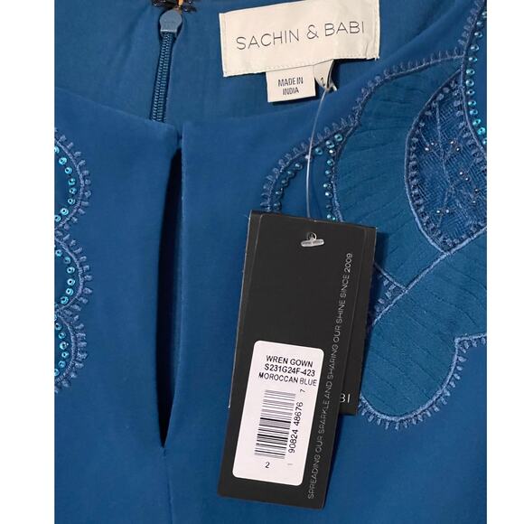 Sachin & Babi Size 2 NWT Moroccan Blue Crepe Embroidered Wren Cape Maxi Gown - Picture 8 of 12